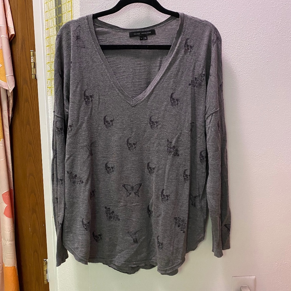 Skull Cashmere Cotton V-neck Large skulls butterflies hummingbirds flowers